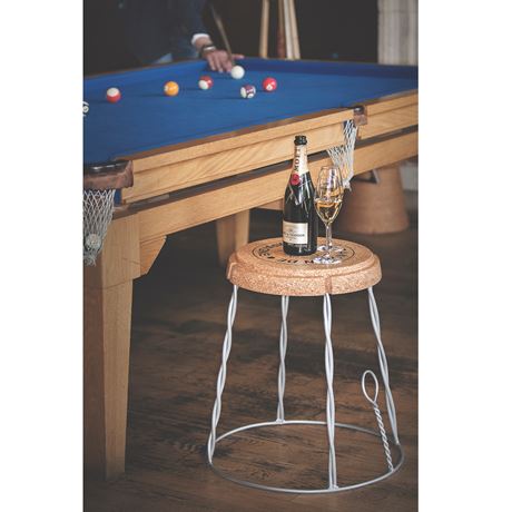 silver muselet side table with bottle and glasses