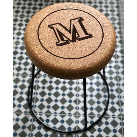 cork stool personalised with a letter M